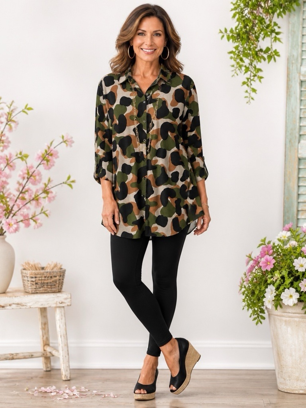 LuLaRoe Camouflage 3/4 Sleeve Button Front Top 2XL
